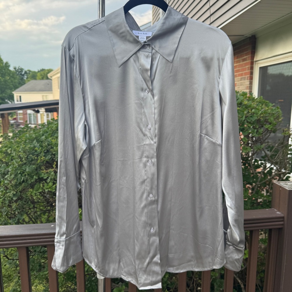 Kate Hill Womens Silk Button Front Shirt 14W‎ Silver Satin Office Sire Office